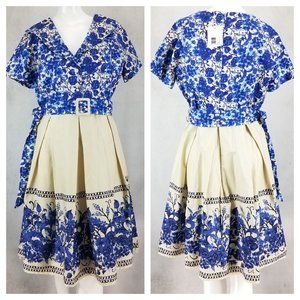 Blue Floral Belted Cream Skirt Midi Dress